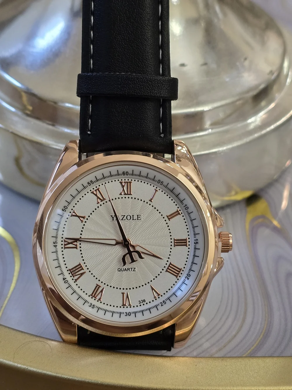 Yazole Men’s Black Leather Strap Watch with Rose Gold Case and White Dial